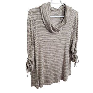 T By Talbots 2X Sweater Striped Draped Cowl Neck Adjustable Sleeve Tie Soft Gold
